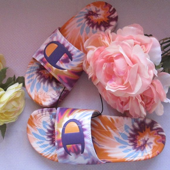 # SOLD #CHAMPION MEGA SLIDE PURPLE -C-GOLD TIE DYE WOMENS SANDALS (SIZE 7) 😍 - Picture 1 of 16